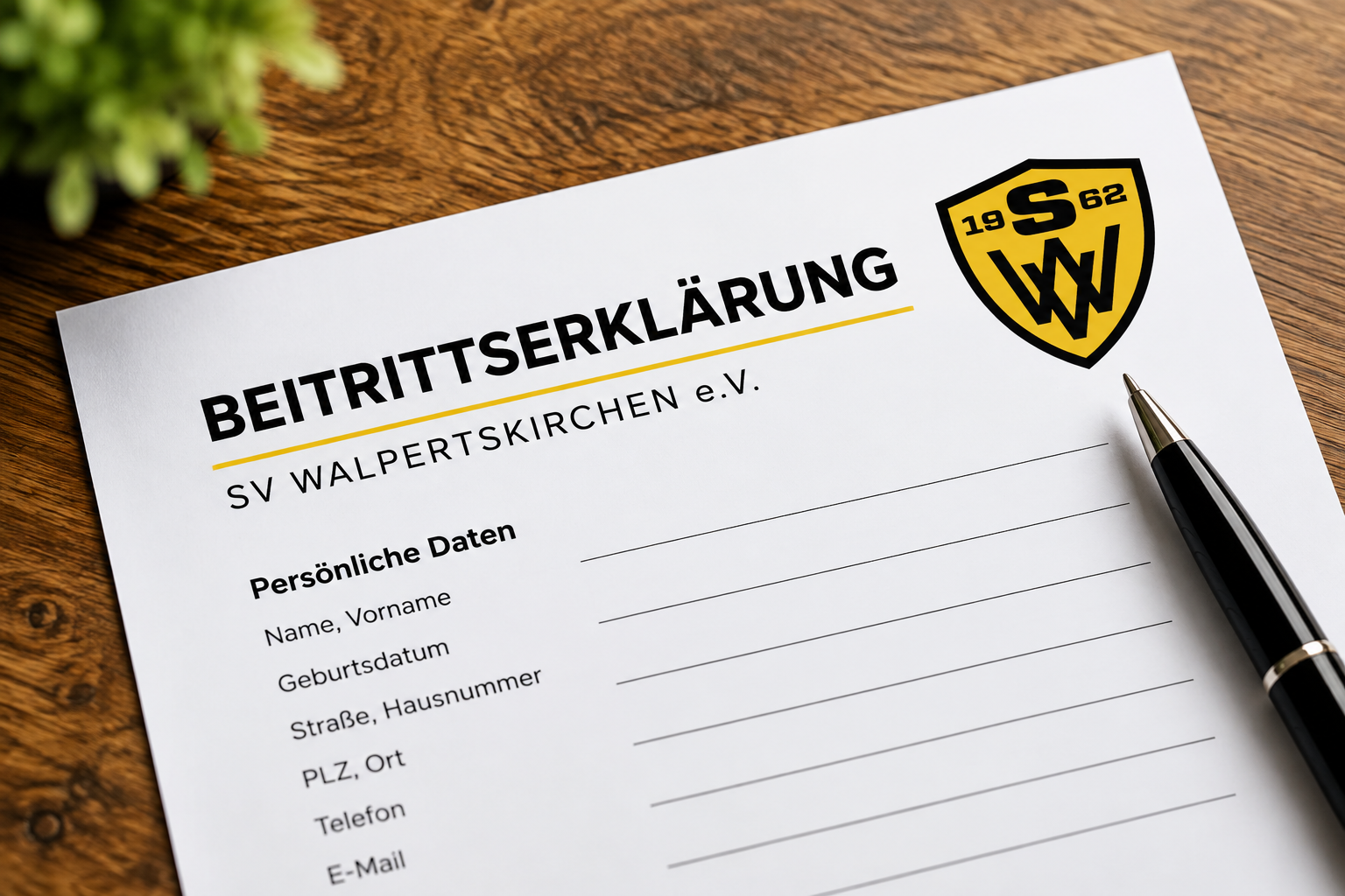 Beitrittserklärung des SV Walpertskirchen mit Vereinslogo und Stift
